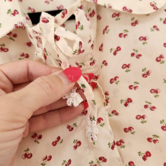 VTG Cherry Print Blouse Peter Pan Collar Long Sleeve Top Shirt Jacket Size L - Picture 5 of 11